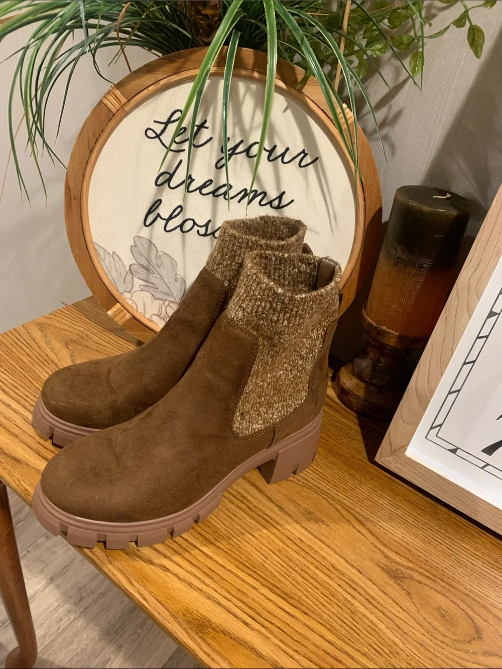 Women's Brown Suede Chunky Chelsea Boot with Knit Collar